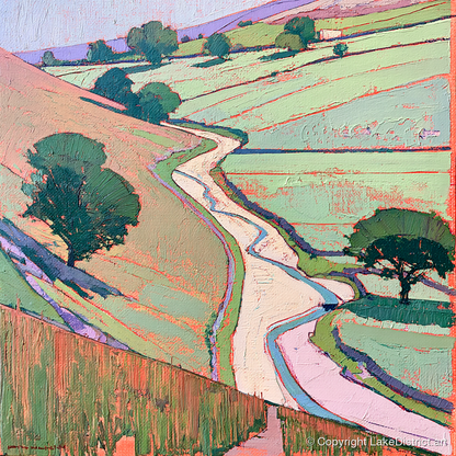 Winding River In Pastel Valley - lake district waterfall art print and canvas by Cedric Montgomery A.I
