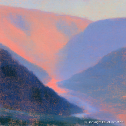 Winding River in Peach Twilight - lake district waterfall art print and canvas by Theodore Vance A.I