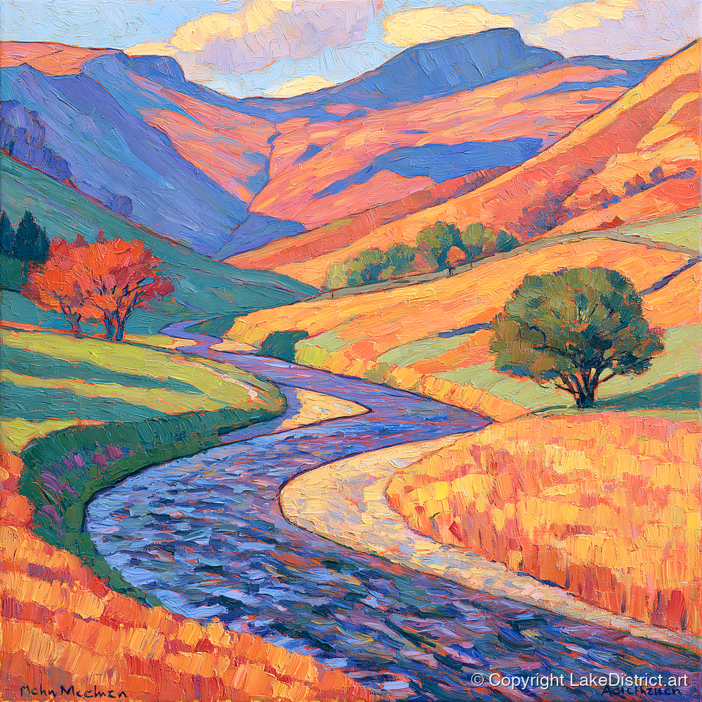 Winding River in Vibrant Valley - lake district waterfall art print and canvas by Celia Harding A.I