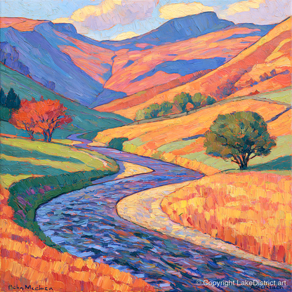 Winding River in Vibrant Valley - lake district waterfall art print and canvas by Celia Harding A.I