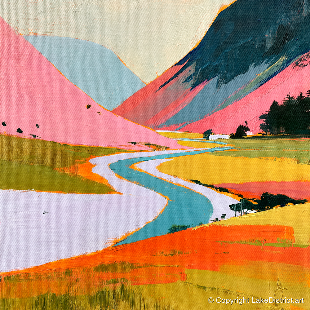 Winding River Through Pink Fells - lake district waterfall art print and canvas by Genevieve Moore A.I