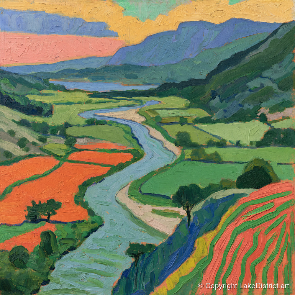 Winding River Through Vivid Fells - lake district waterfall art print and canvas by Mirabel Carlyle A.I