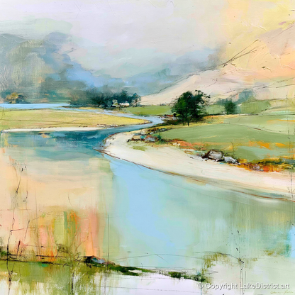Winding River Valley in Pastel - lake district waterfall art print and canvas by Antonia Blythe A.I