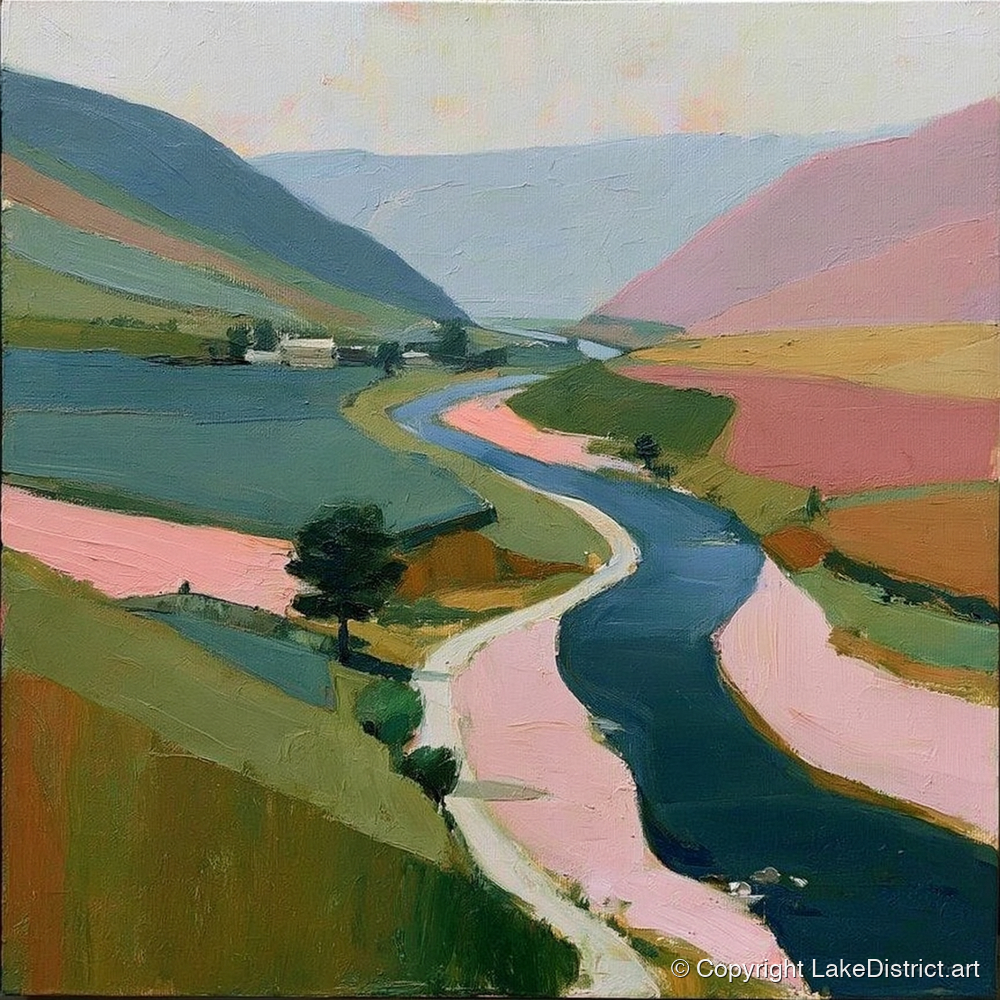 Winding River Valley in Pink - lake district waterfall art print and canvas by Diana Sutherland A.I