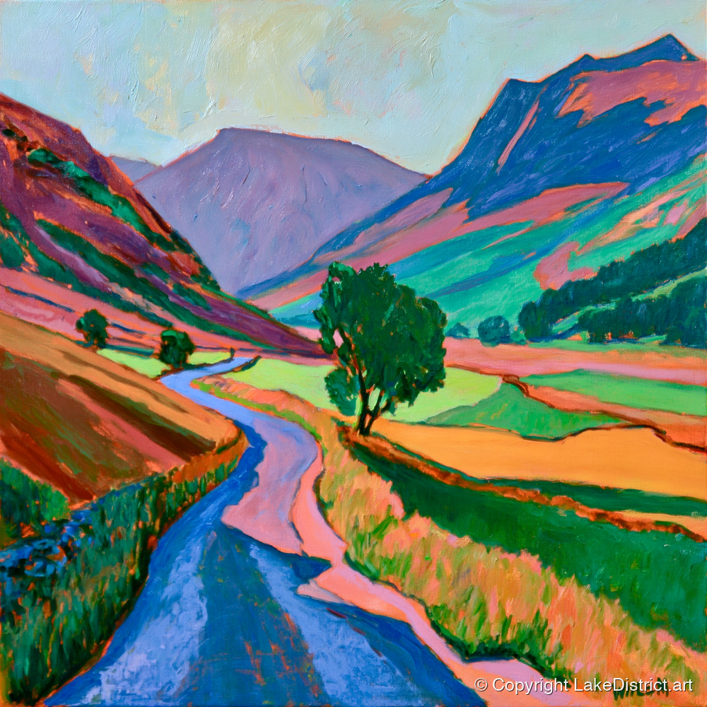 Winding Road Through Vibrant Fells - lake district valley art print and canvas by Gideon Wright A.I