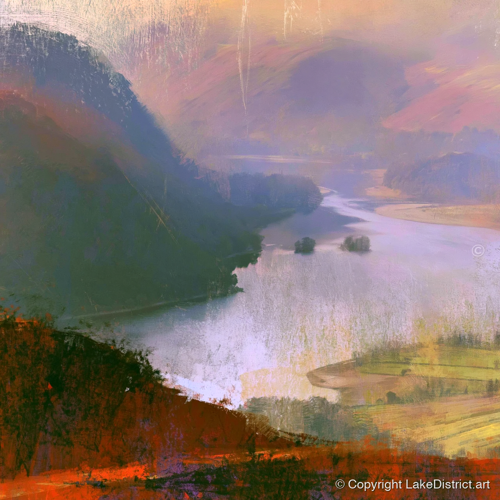 Winding Ullswater from the Fells - lake district lake art print and canvas by Rupert Kingsley A.I