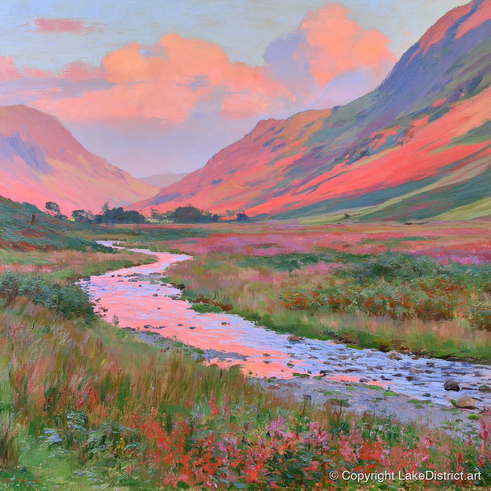 Winding Valley River at Sunset - lake district waterfall art print and canvas by Clara Sterling A.I