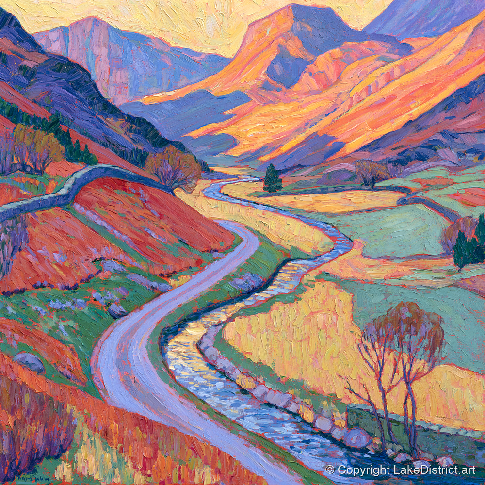 Winding Valley River in Radiant Amber - lake district waterfall art print and canvas by Celia Harding A.I