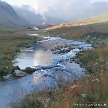 Winding Valley River in Sunlight - lake district waterfall art print and canvas by Marcus Dalton A.I