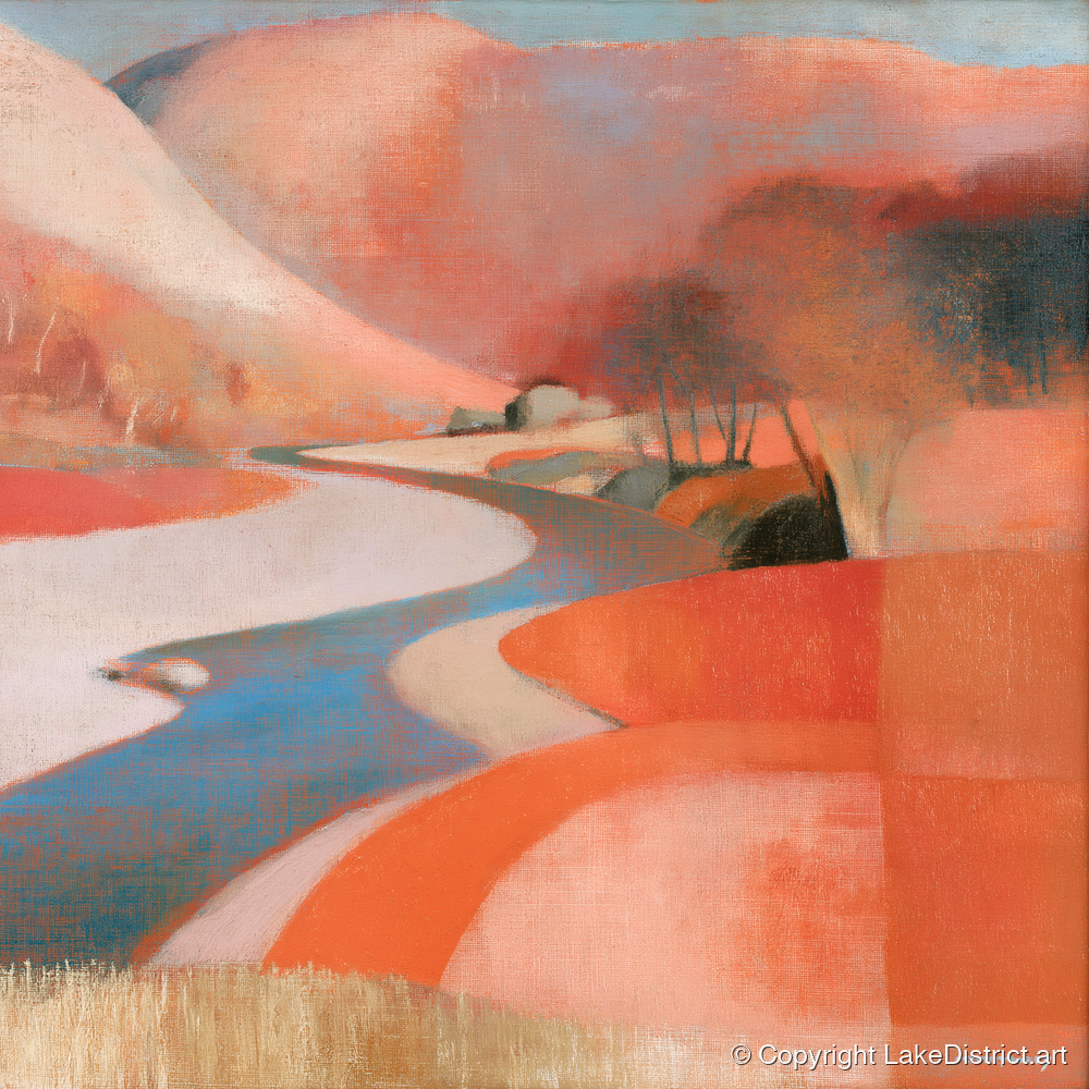Winding Valley River in Terracotta - lake district waterfall art print and canvas by Arthur Pendelton A.I