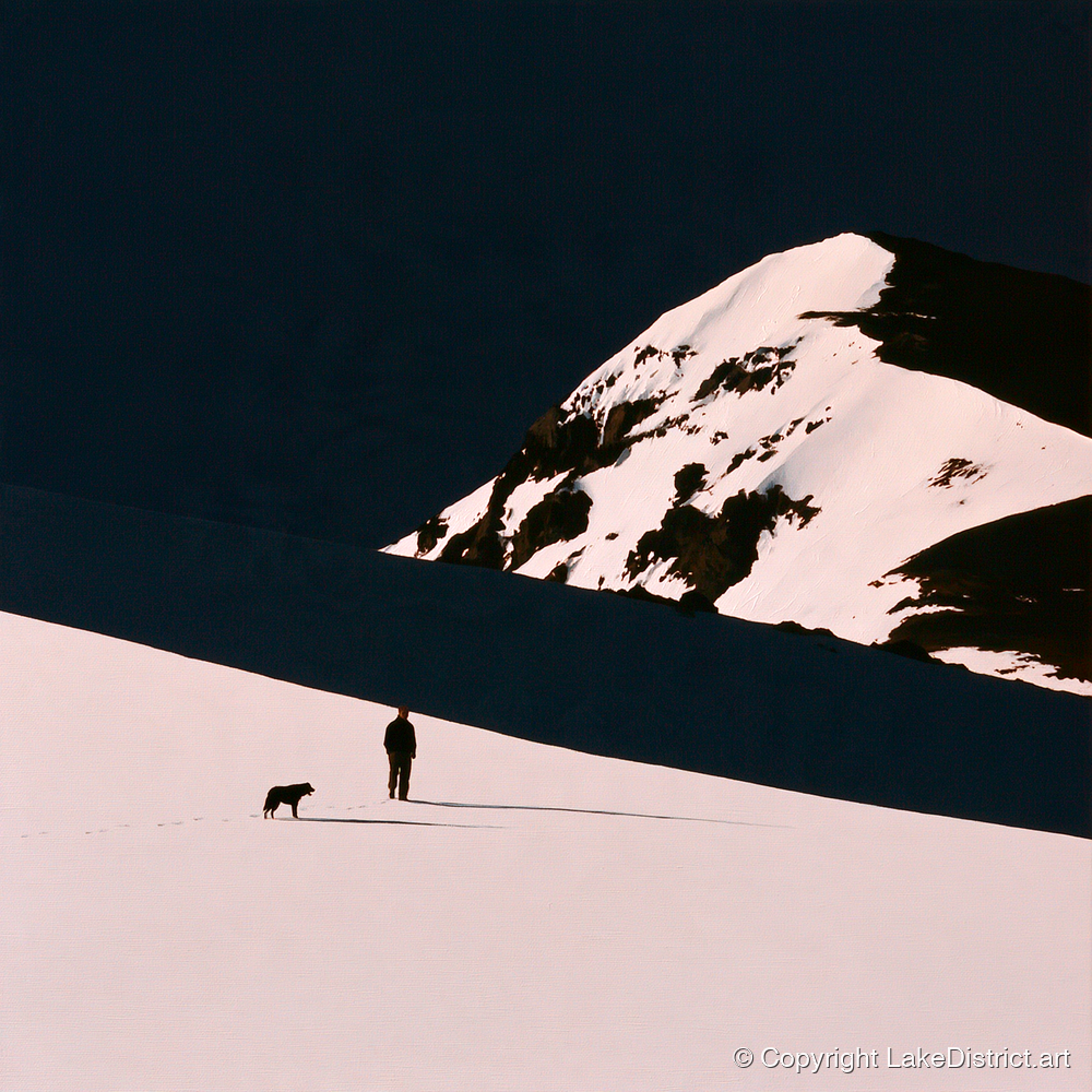 Winter Dog Walk Beneath Skiddaw - gifts for dog walkers art print and canvas by Adelaide Calloway A.I