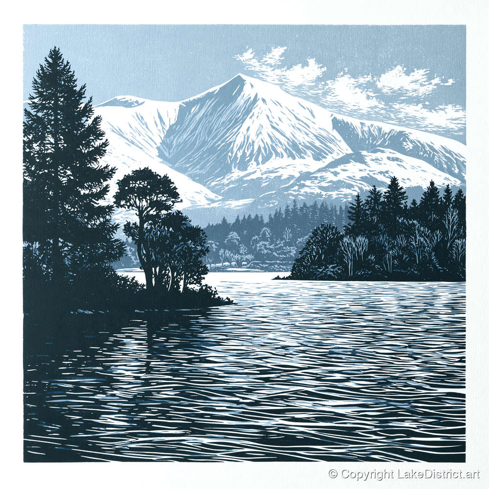 Winter Skiddaw in Deep Blue - lake district fell art print and canvas by Alfred Morland A.I