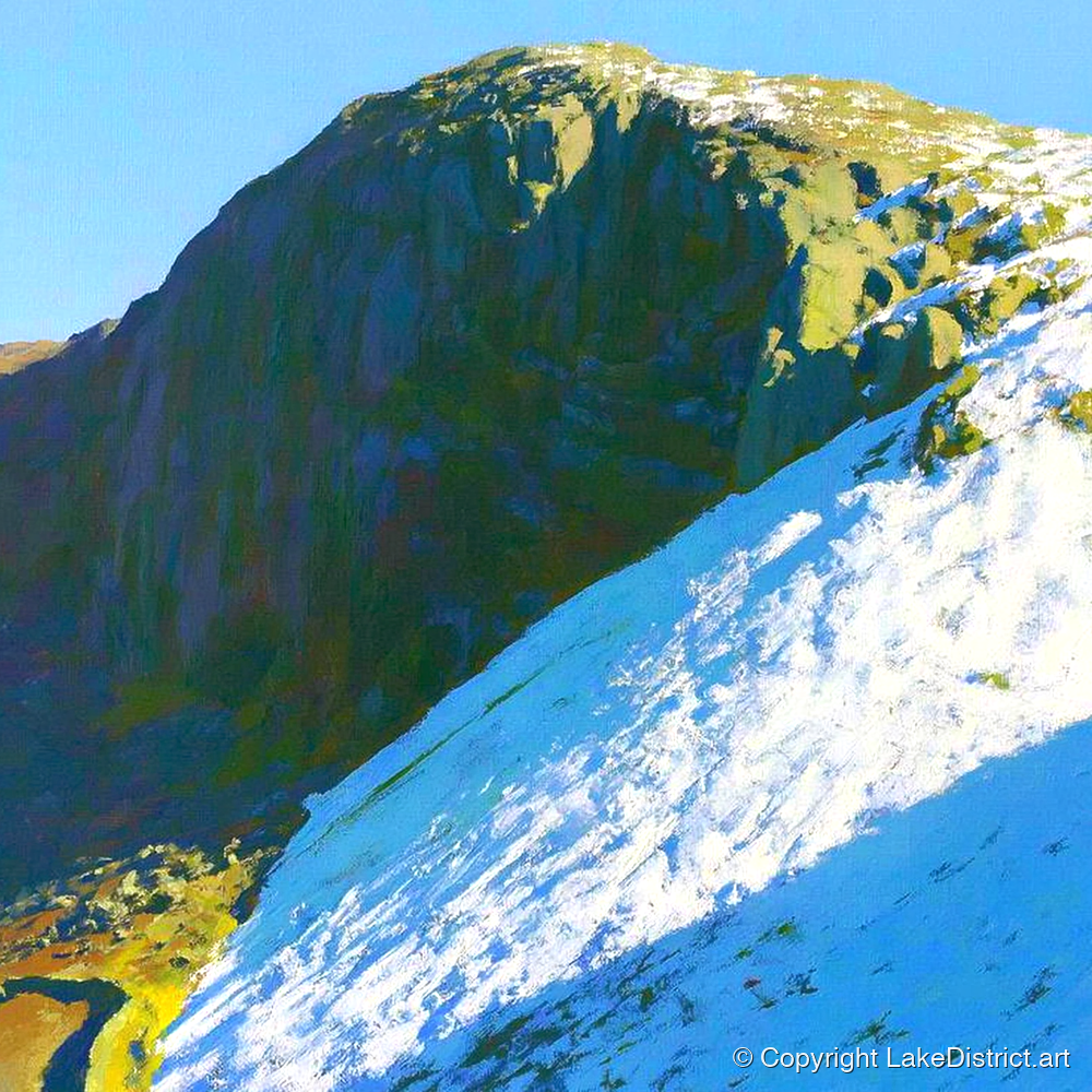 Winter Snow On Sergeant's Crag - lake district fell art print and canvas by Daphne Morley A.I