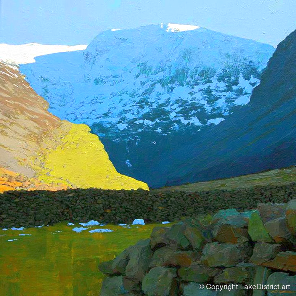 Winter Sunlight Over Seathwaite Fell - lake district fell art print and canvas by Daphne Morley A.I