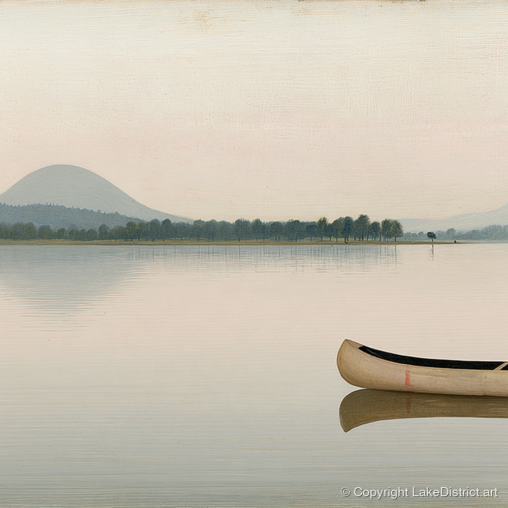Wooden Canoe on Pale Windermere - lake district lake art print and canvas by Benedict Croft A.I